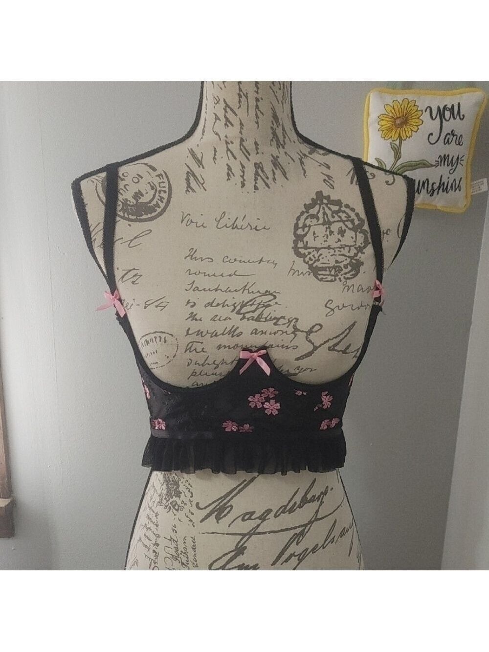 Black Lace Cupless Bralette with Pink Bows And Floral Details (M)